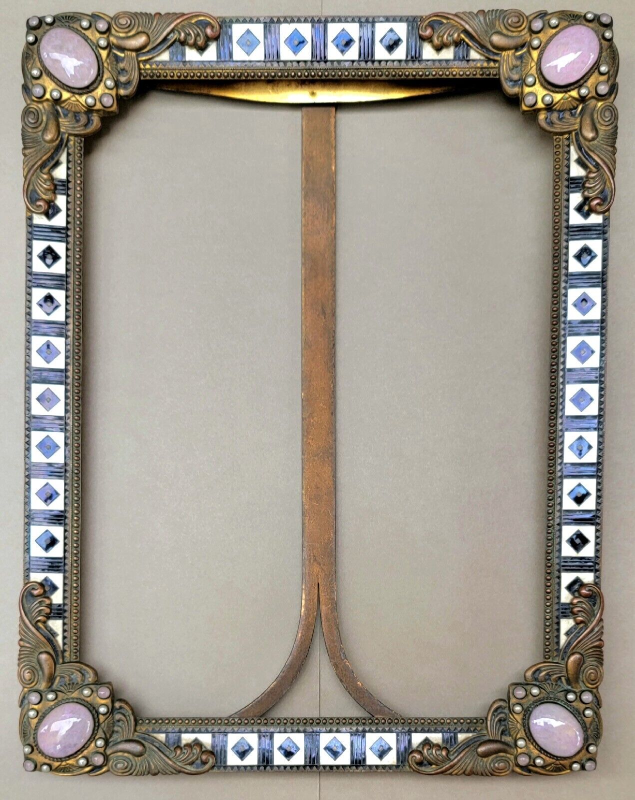 Antique 1920s Enameled Brass Picture Frame w/Rose Quartz ~12.5\