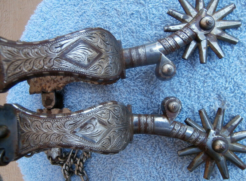 Vintage Sterling Silver Inlay Double Mounted Diamond Pattern Horse Spurs