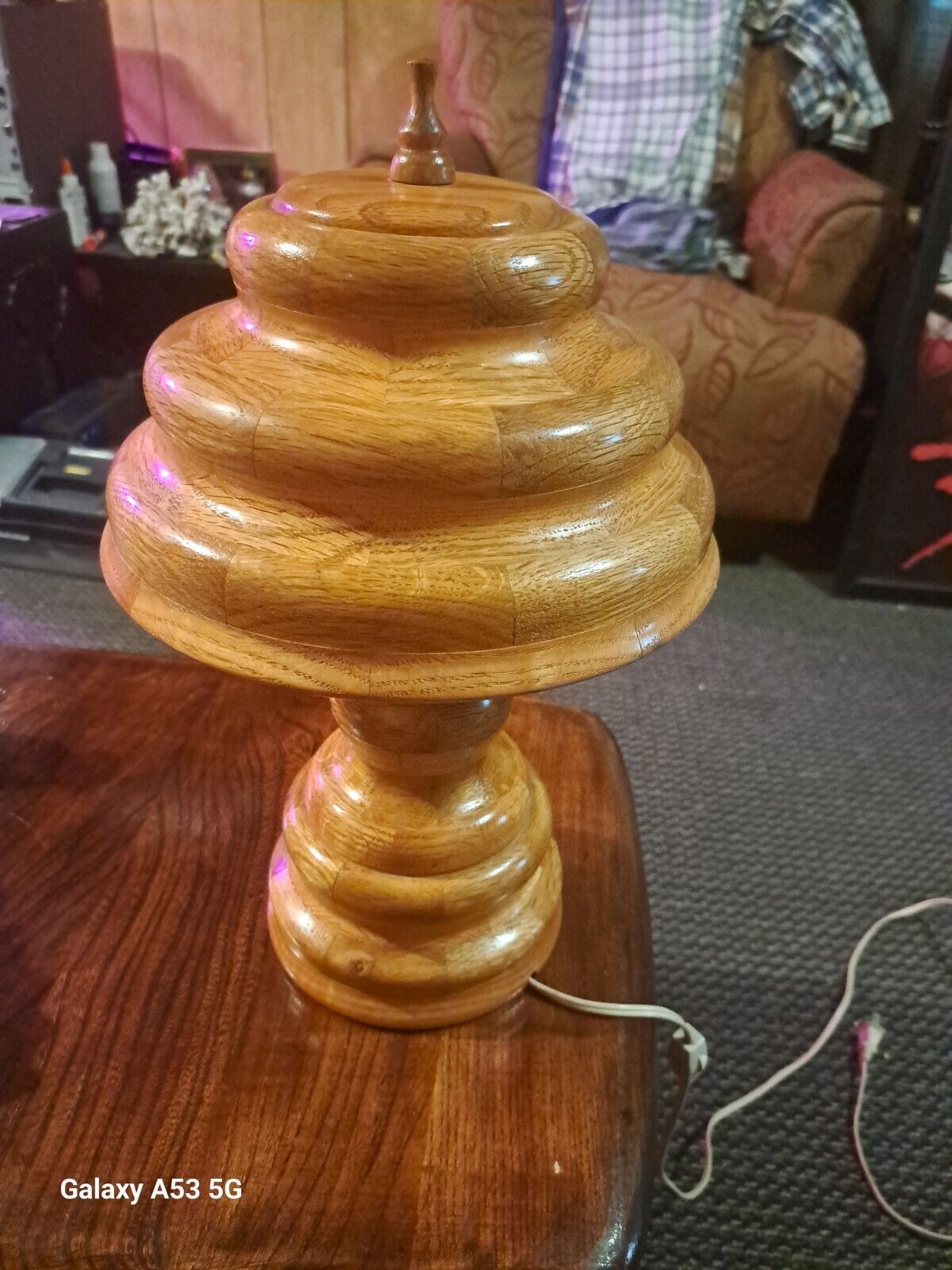 Vintage Hand Made And Turned Solid Wooden Table Lamp With Wooden Shade