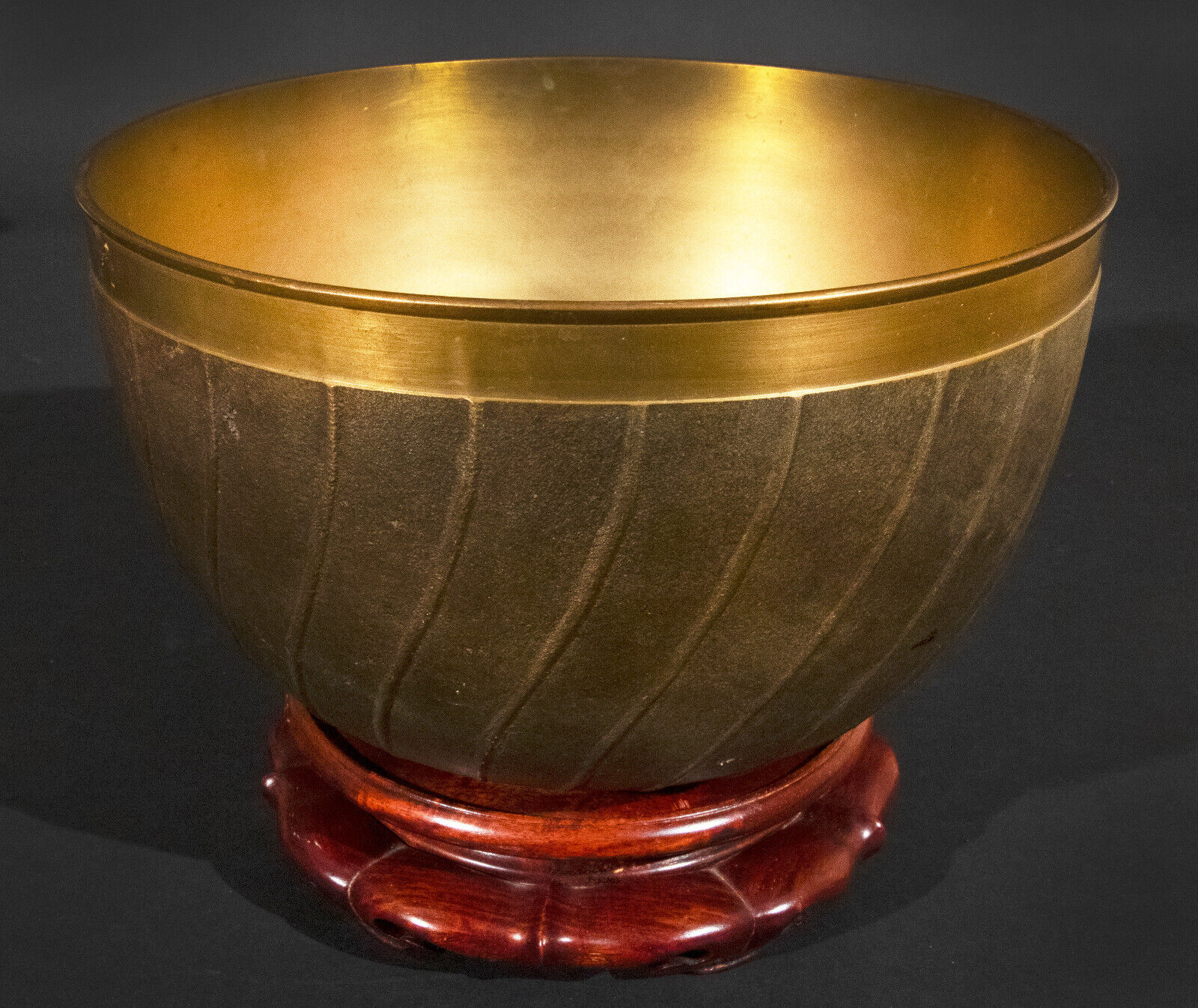 Bronze Singing Bowl 9 1/2 inches Wide Plus Decorative Wood Stand Korea
