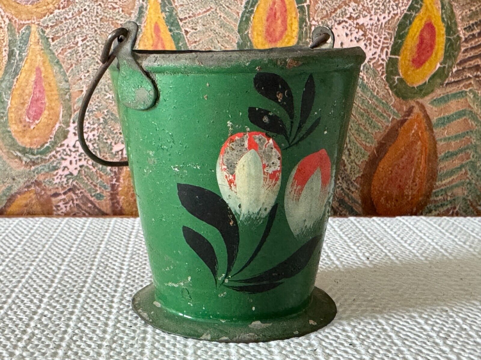 Antique Primitive Hand Painted Decorative Green Tole Tinware Child's Pale
