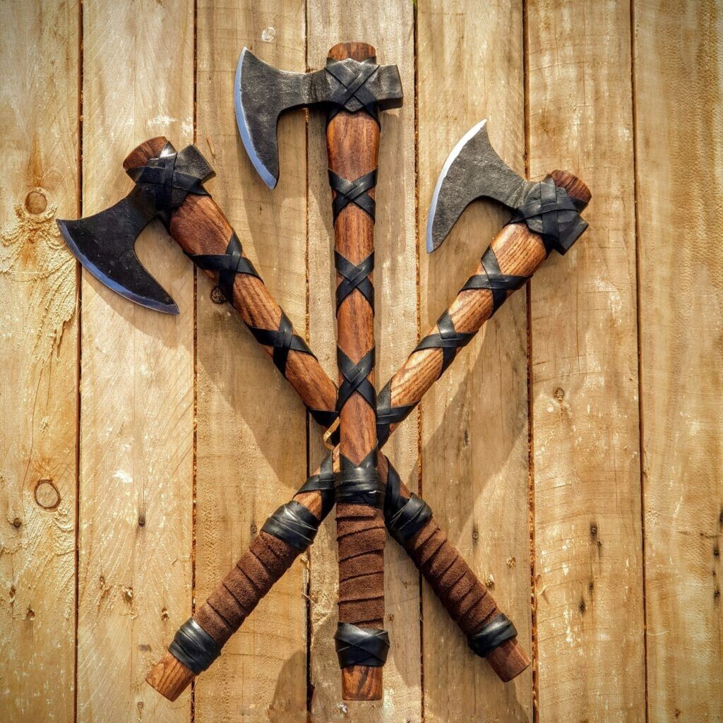 Beautiful custom handmade hand forged set of 3 axes rangar with leather sheath