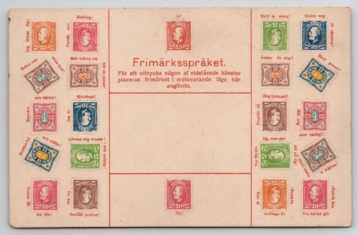 Swedish Language of Stamps Secret Message Stamp Tilting c1902 Postcard C31