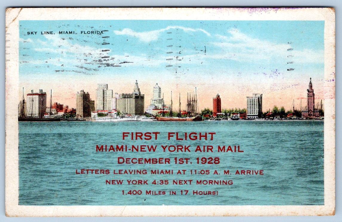 1928 FIRST FLIGHT MIAMI-NEW YORK AIR MAIL STAMP 1400 MILES IN 17 HOURS POSTCARD