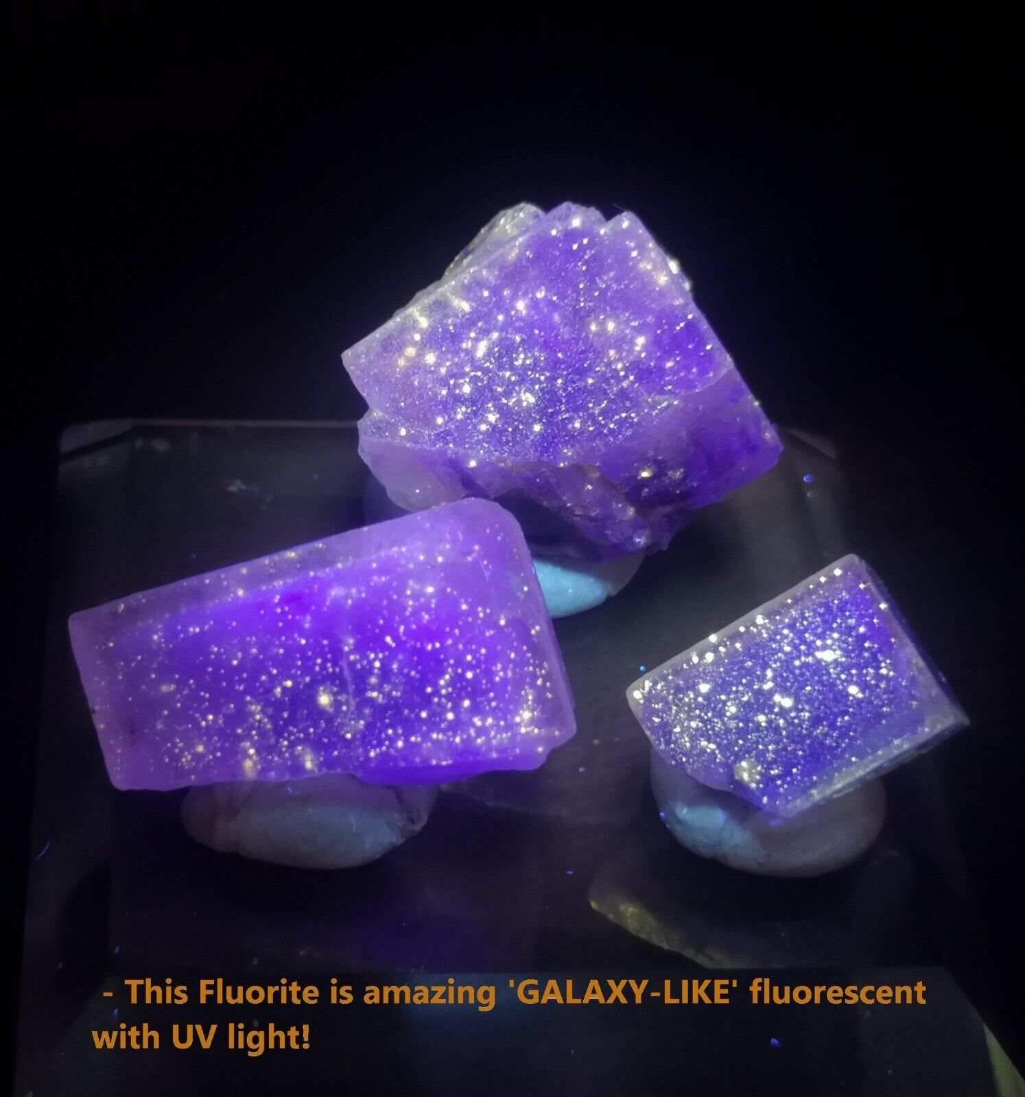 NEW FIND - 3pcs  \'GALAXY-LIKE\'  strong fluorescent Fluorite from China