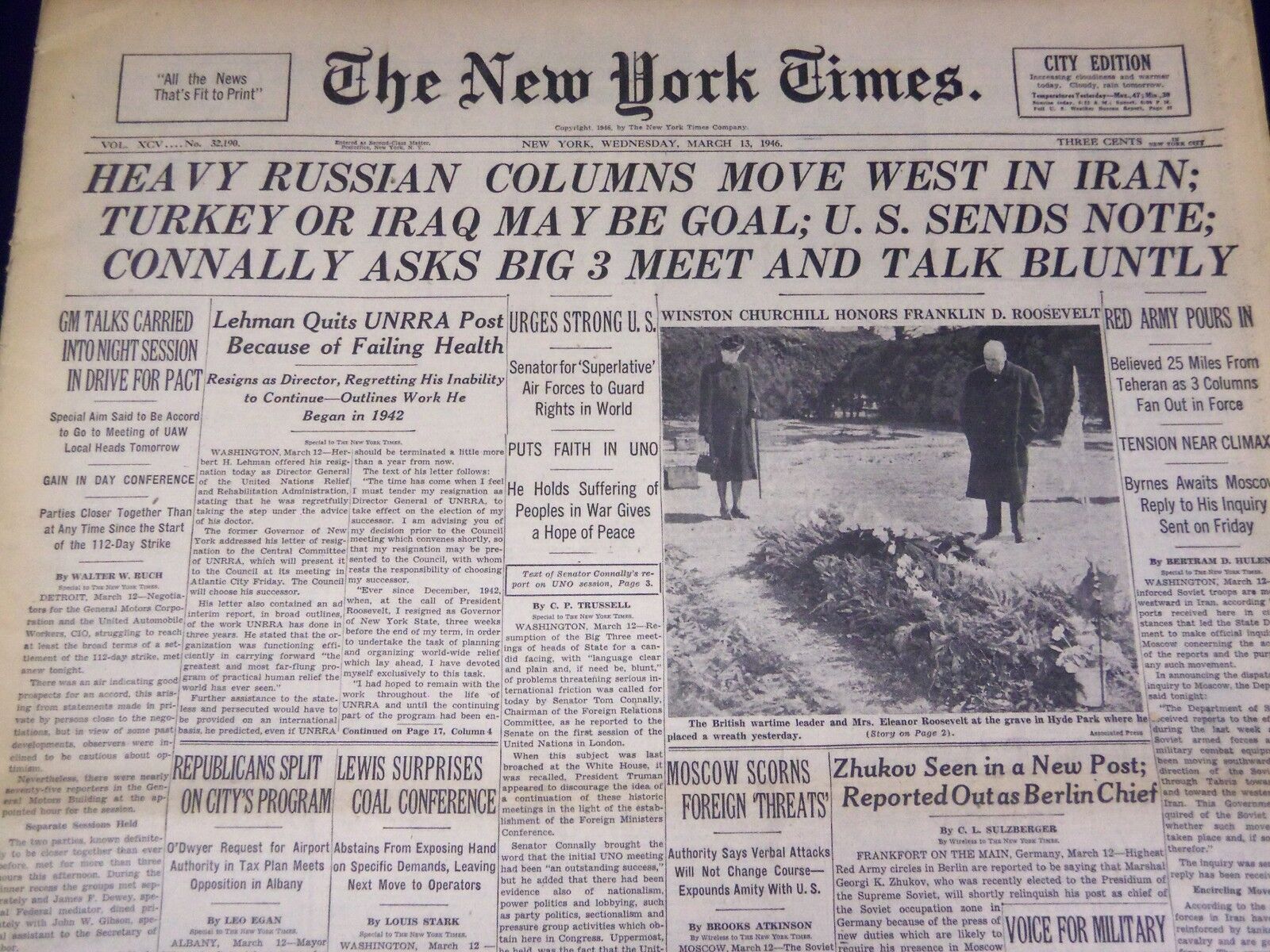 1946 MARCH 13 NEW YORK TIMES - HEAVY RUSSIAN COLUMNS MOVE WEST IN IRAN - NT 879
