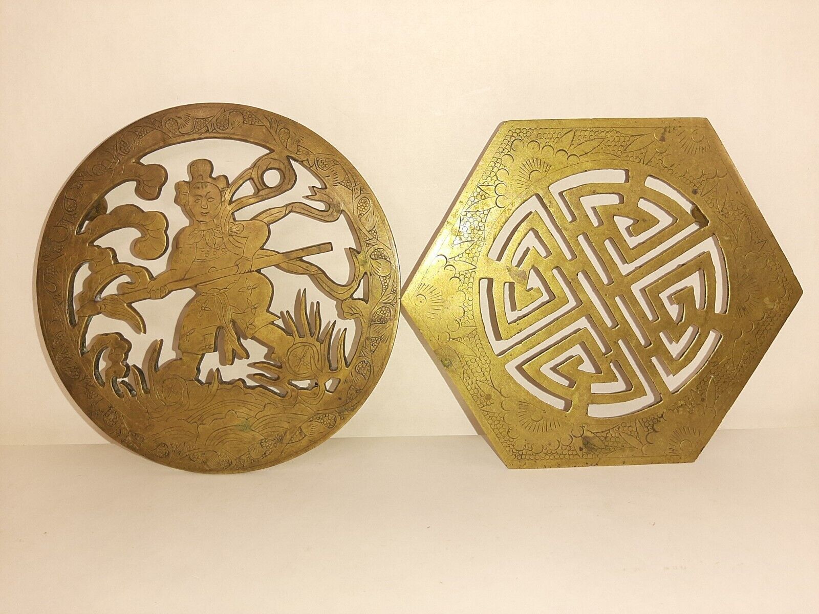 Pair Vintage Asian Solid Brass Trivets - Etched 