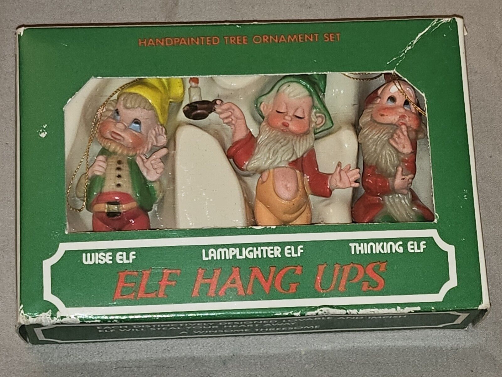 LAST CHANCE NIB Vtg Elf Hang Ups Ornaments Pixie Elves Gnome Xmas Decor