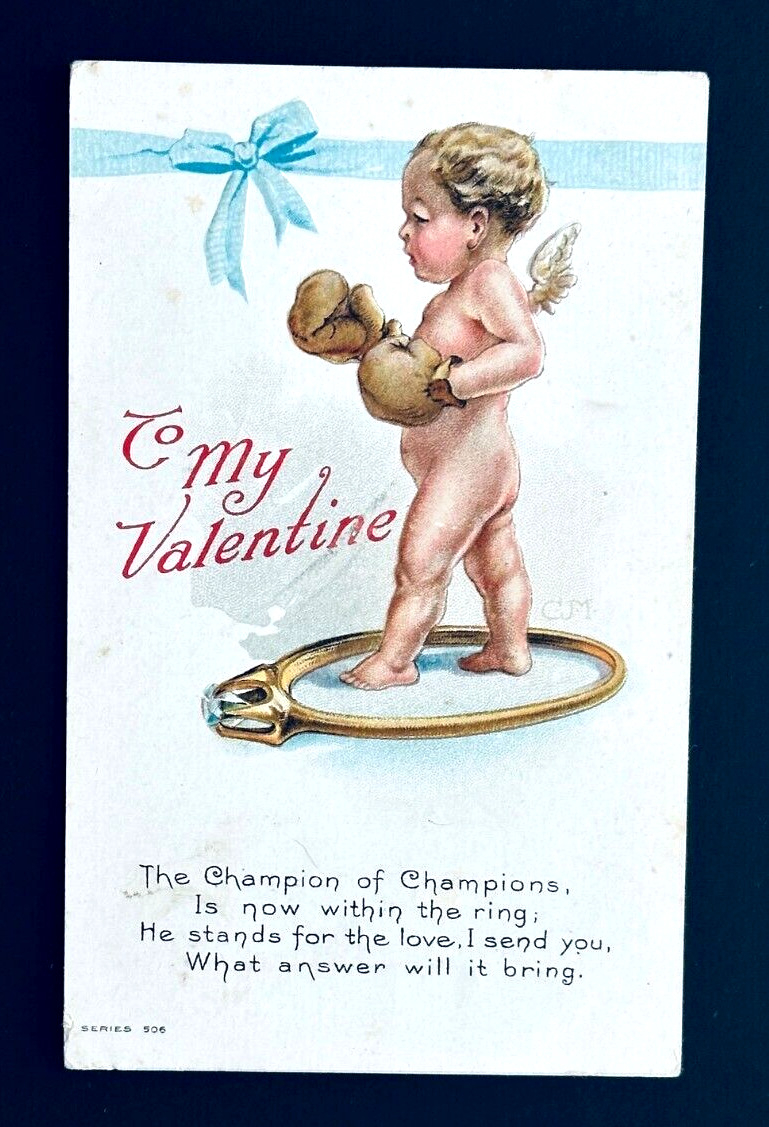 1913 AMP Co. Champion of Champions Boxing Glove Cupid Baby Valentine Postcard