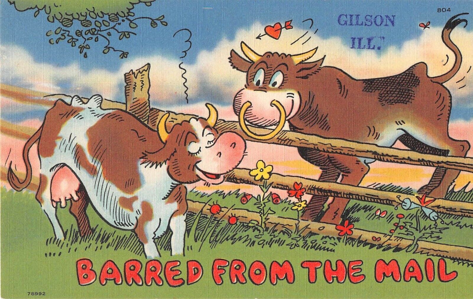 Cow & Bull Flirting Over Fence-Barred From the Mail-Comic Old Linen PC-Gilson,IL