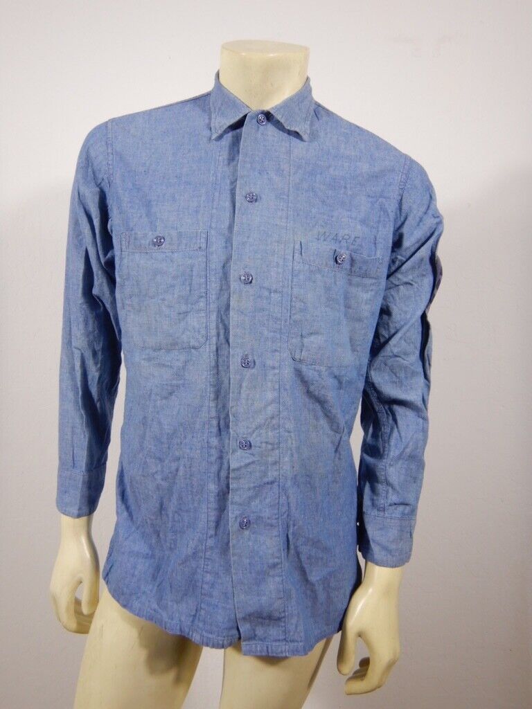 WWII US Navy Blue Chambray Shirt Size 14.5 SMALL