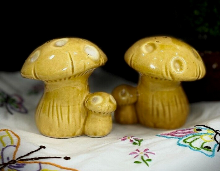 Vintage Ceramic Yellow Mushroom Salt and Pepper Shaker Set Kitschy cottage core
