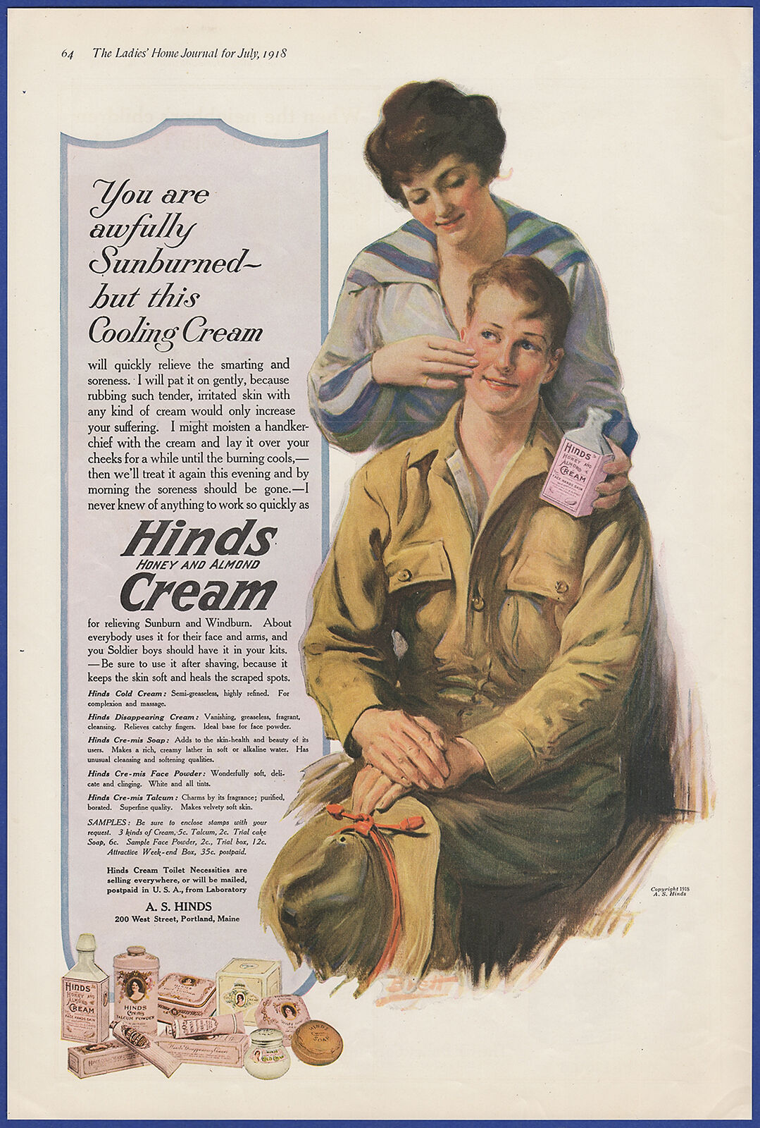 Vint 1918 HINDS Honey & Almond Cream Sunburn WWI Soldier Harold Brett Print Ad