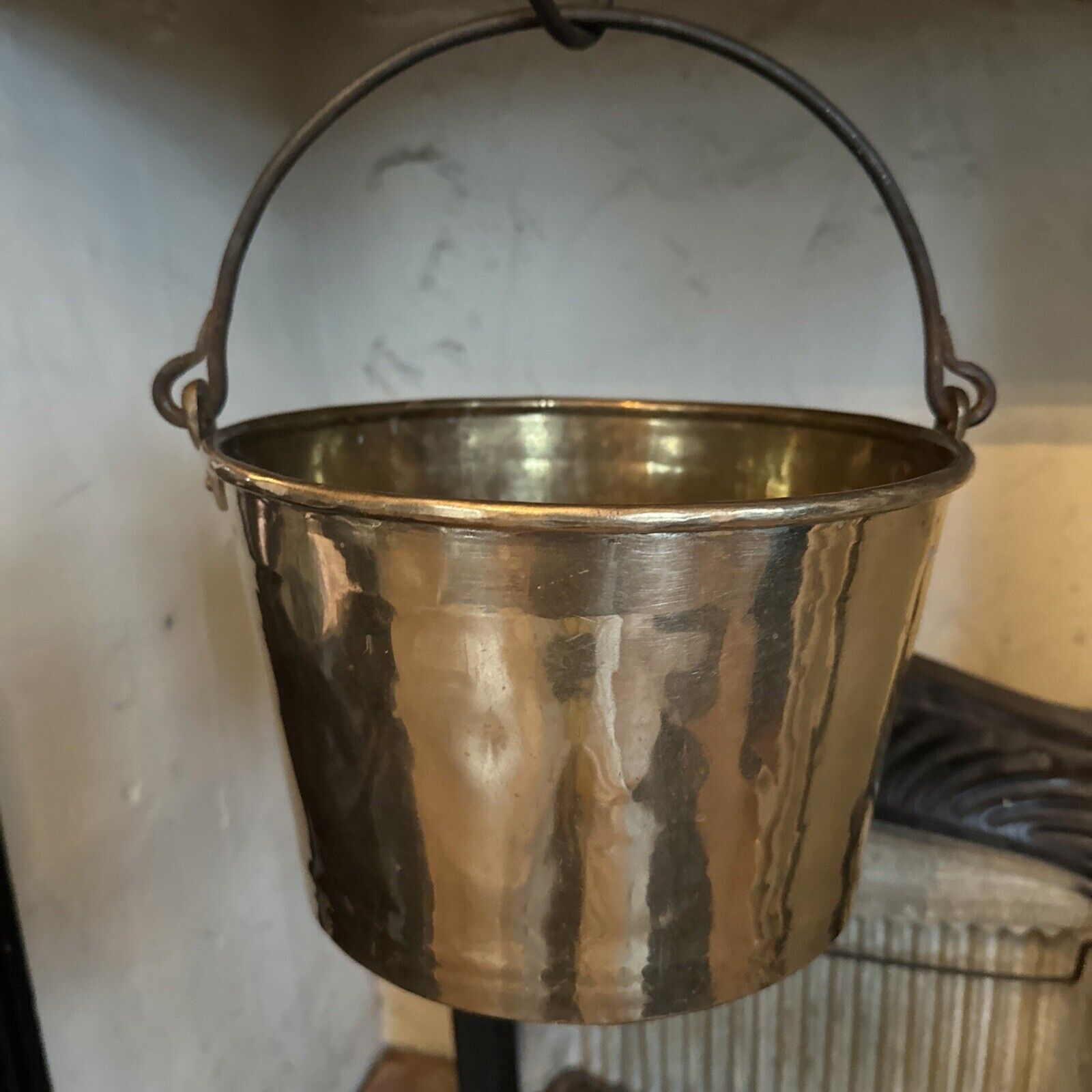 Antique Brass Bucket with Forged Wrought Iron Handle Hammered beautiful patina