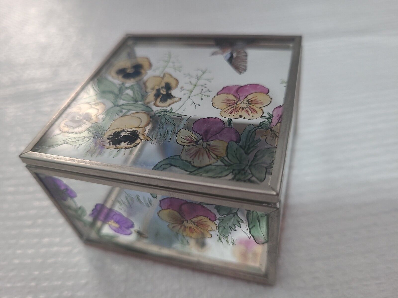 Vintage 1980s Stained Glass Mirror Trinket Box Flower Hand Design
