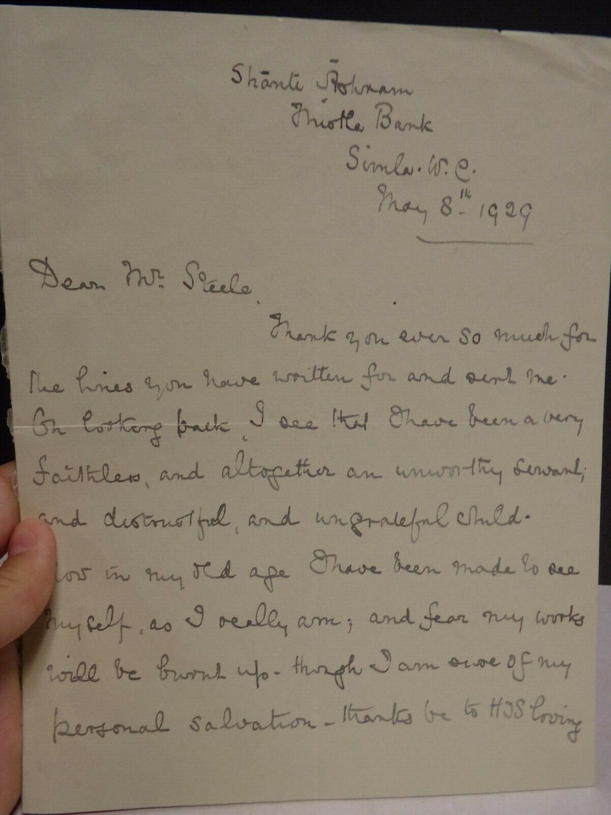 1929 Hymn Writer Evangelist  Ellen Lakshmi Goreh Handwritten letter