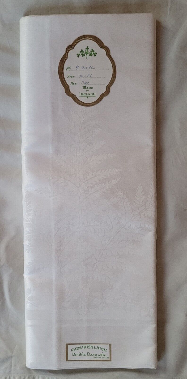 Vintage Pure Irish Linen Double Damask Tablecloth 70x88 White Leaf & Floral NOS