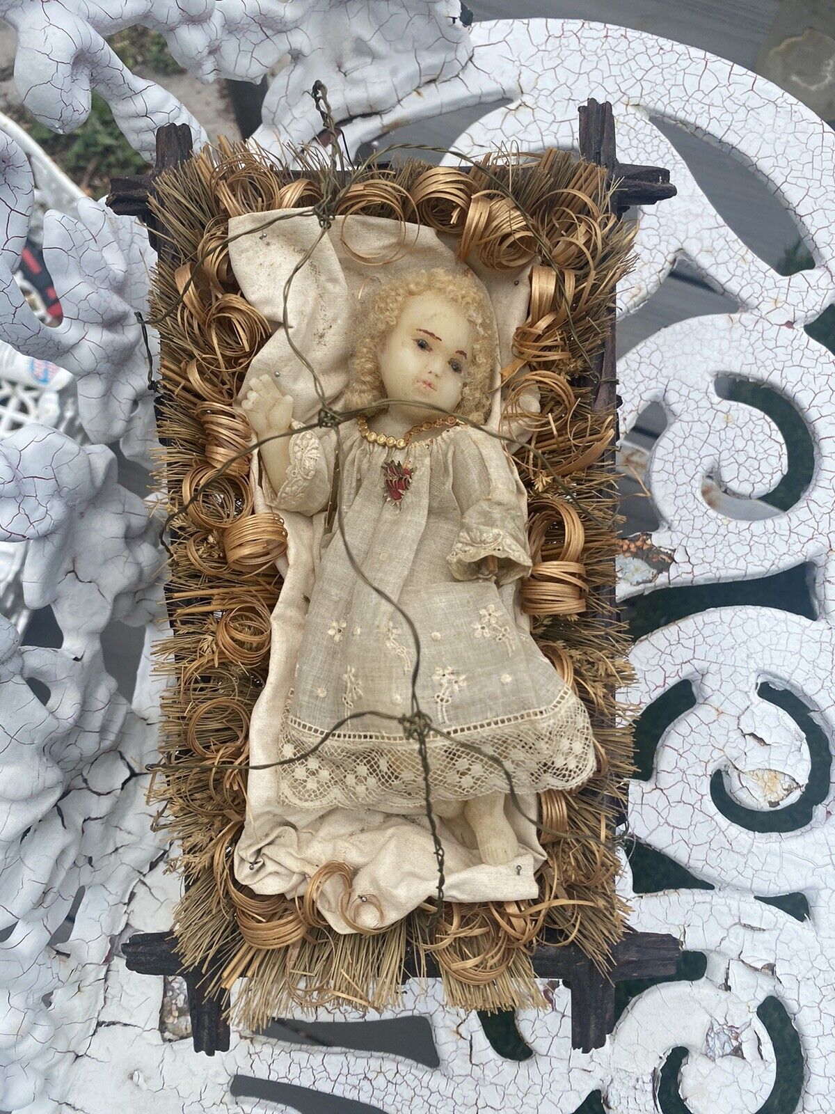 Antique Wax Infant Jesus of Prague In Creche