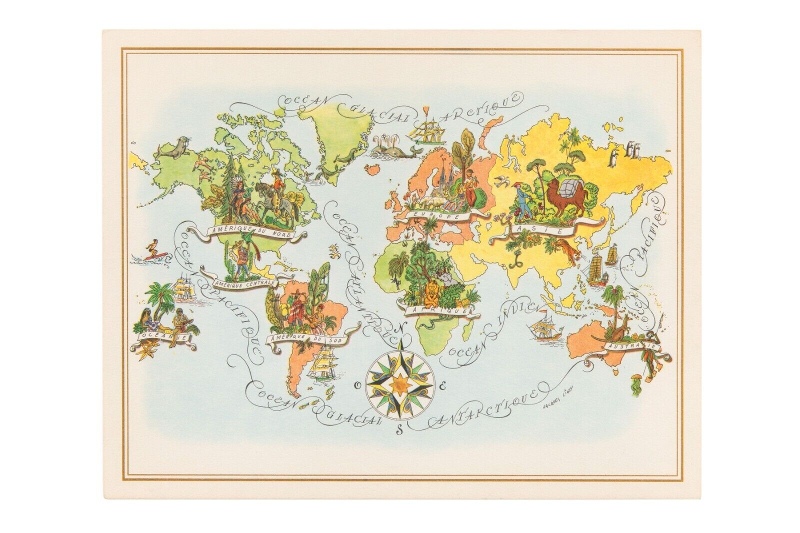 Original 1960 Mid-Century Pictorial Map of the World by Jacques Liozu