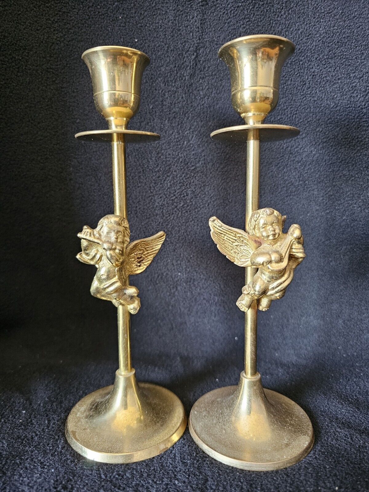 Virginia Pair Of Brass Cherub Candlesticks 7.75” Tall Made In India