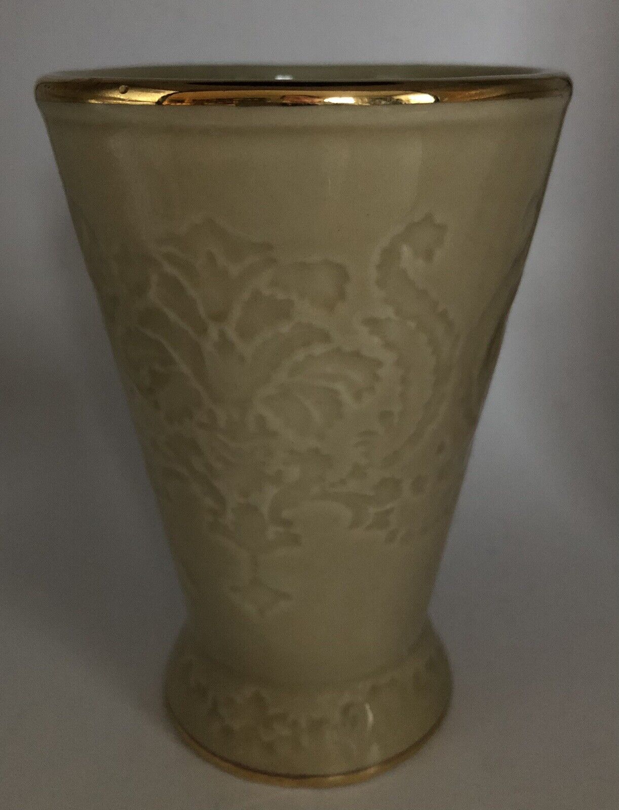 Vintage Nicole Miller, Ny Creame Colored Vase With Gold Trim 