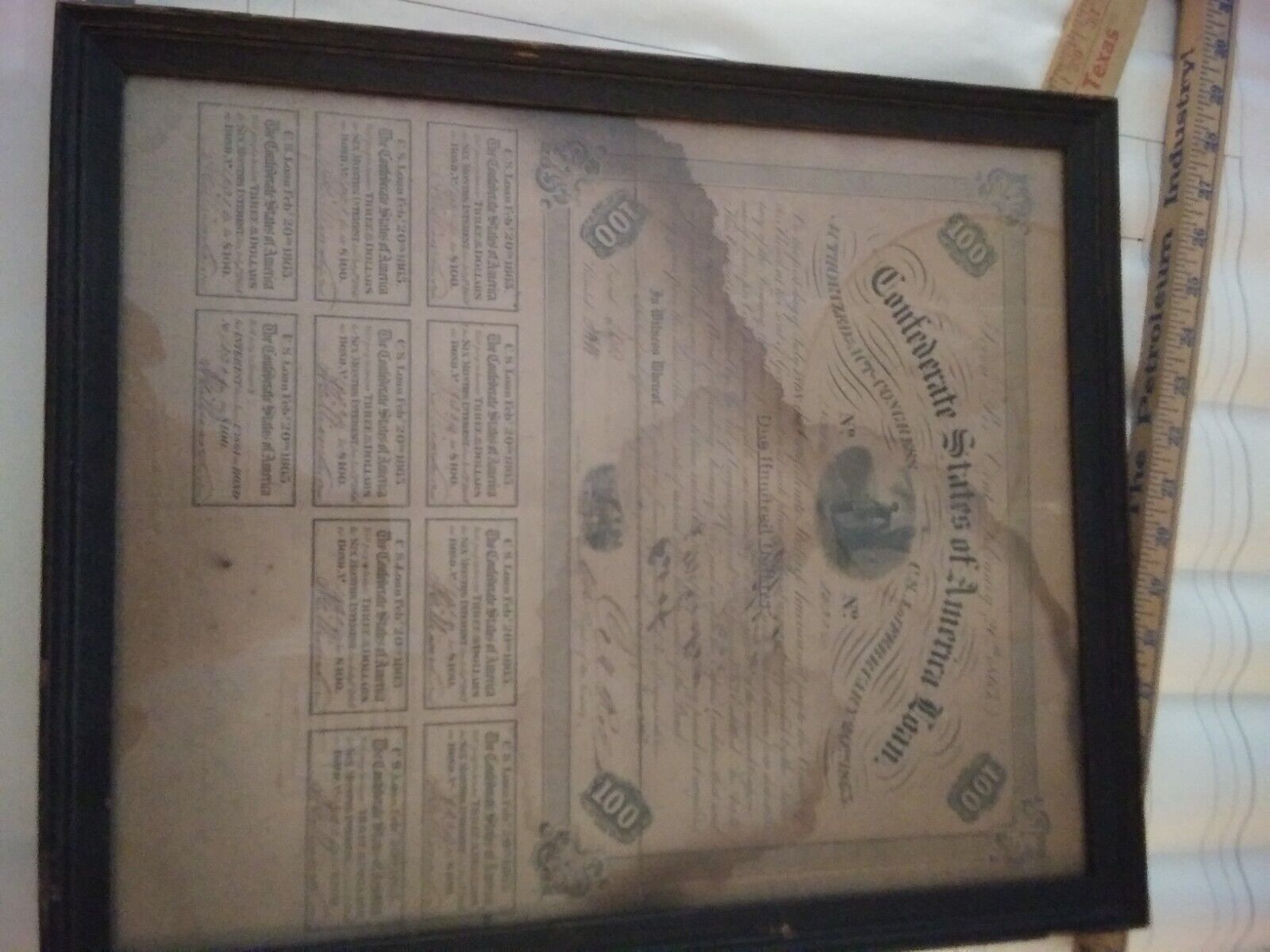 ORIGINAL 1863 CONFEDERATE STATES OF AMERICA CIVIL WAR $100 BOND Framed.