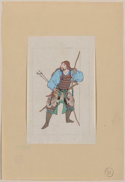 Samurai,wearing armor,holding a bow,also has arrows,a sword,Japan,1878,Military