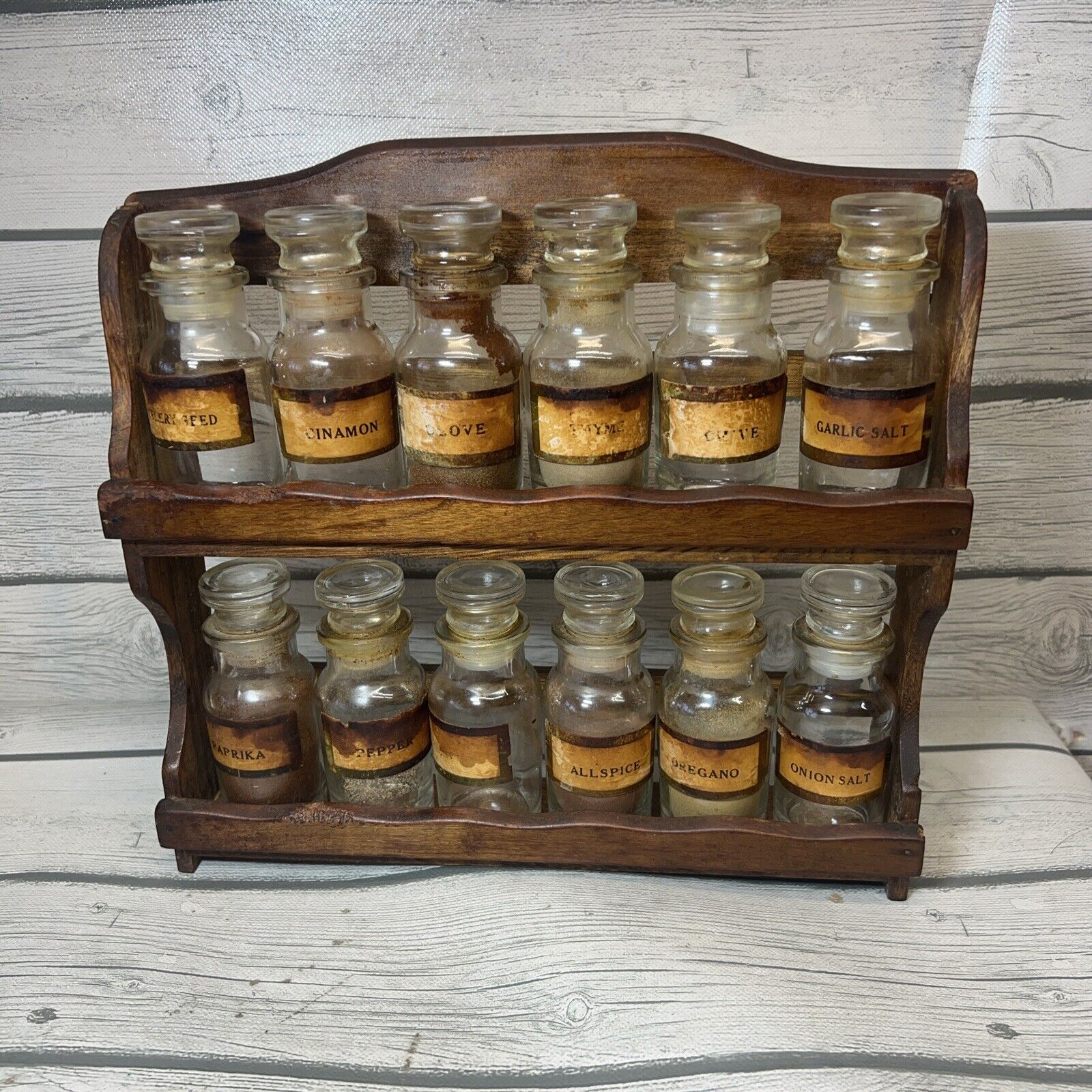 Vintage Spice Rack With 12 Jars Wooden Japan Primitive