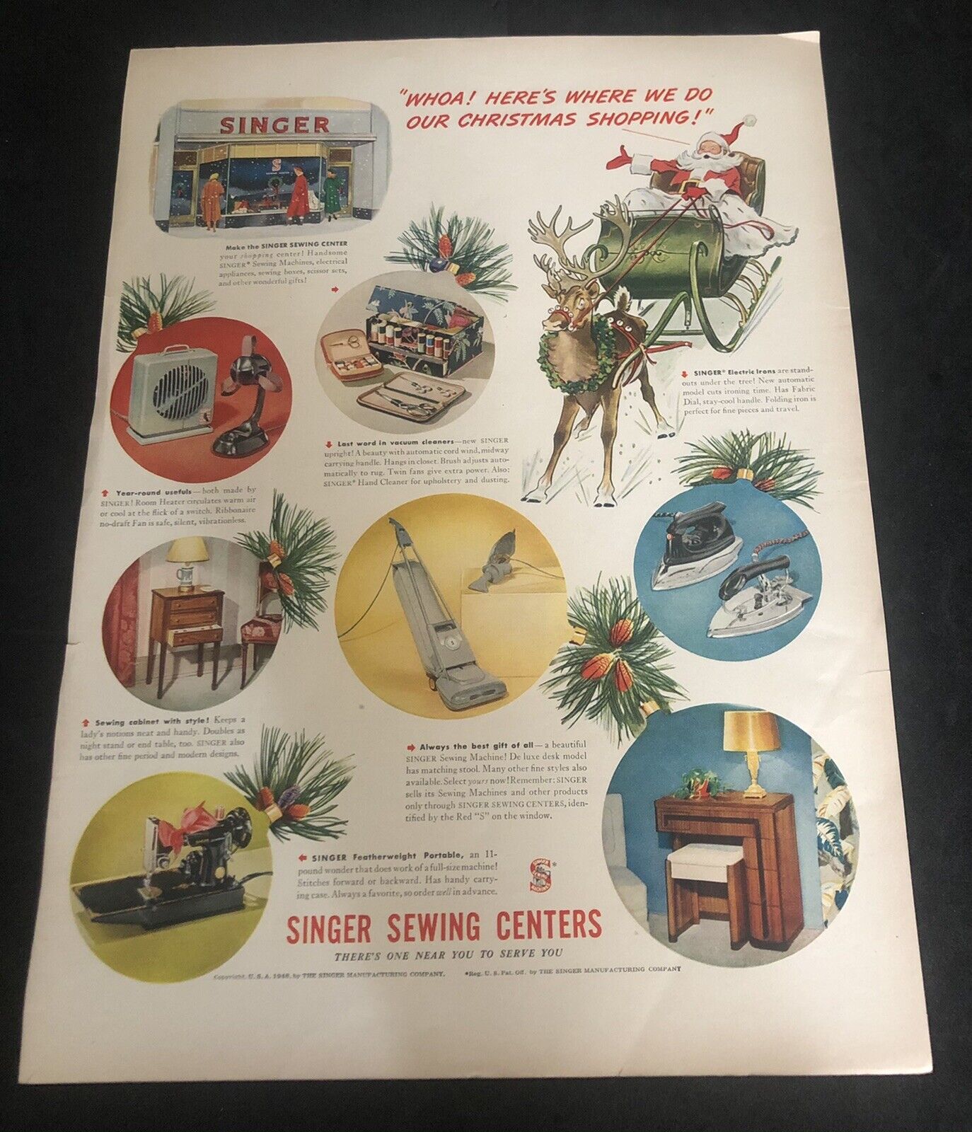 1948 Singer Sewing Centers Store Christmas Santa & Reindeer Magazine Print Ad