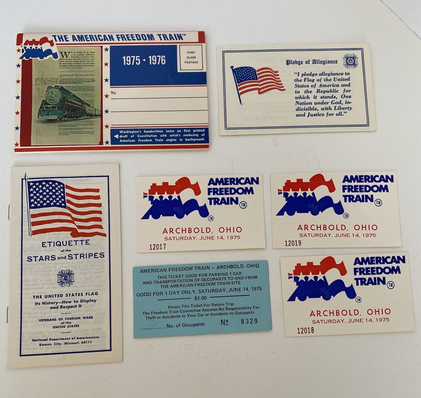 American Freedom Train Postcards & Ticket Stubs Archbold Ohio 1975 , & More Lot