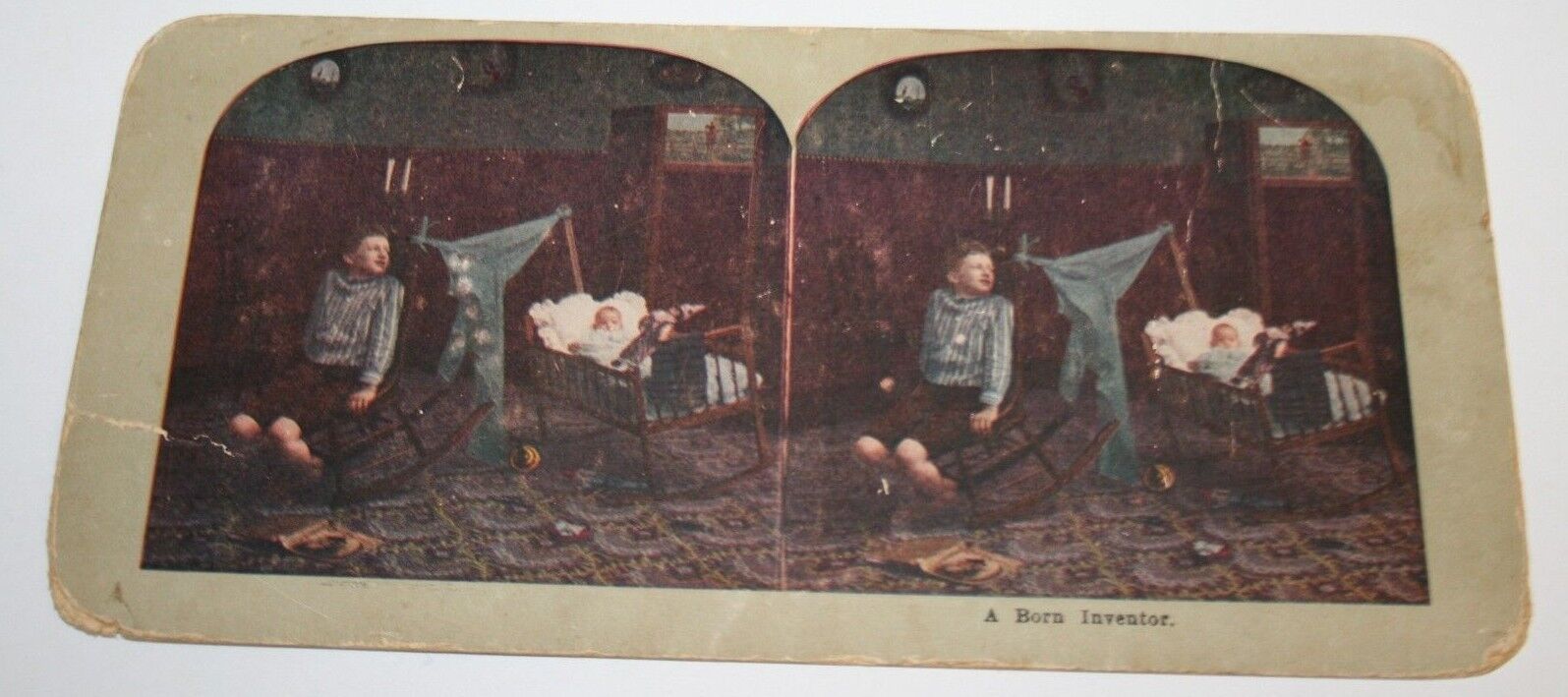 Original 1900's Antique Funny Young Inventor Boy Rocks Baby To Sleep Stereoview