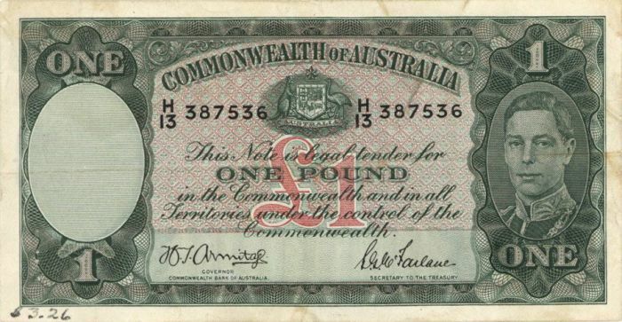 Australia - 1 Pound - P-26b - 1942 dated Foreign Paper Money - Paper Money - For