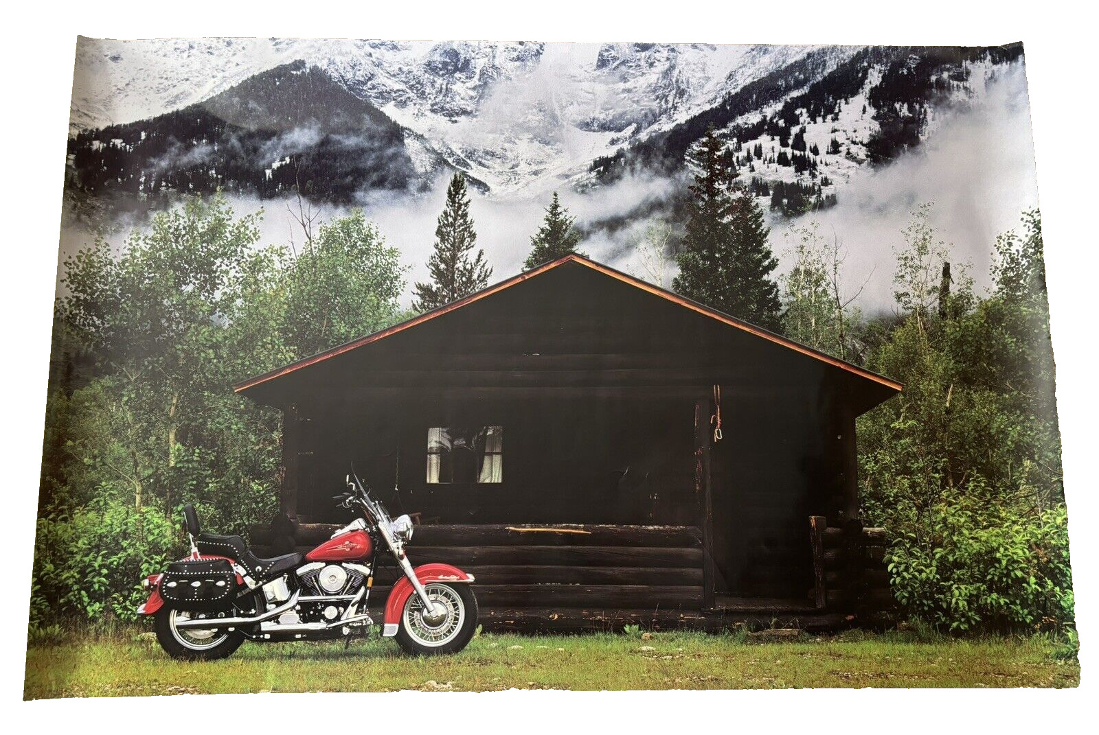 Harley Davidson Glossy Poster (36x24) Heritage Softail Classic Mountain Cabin Ad