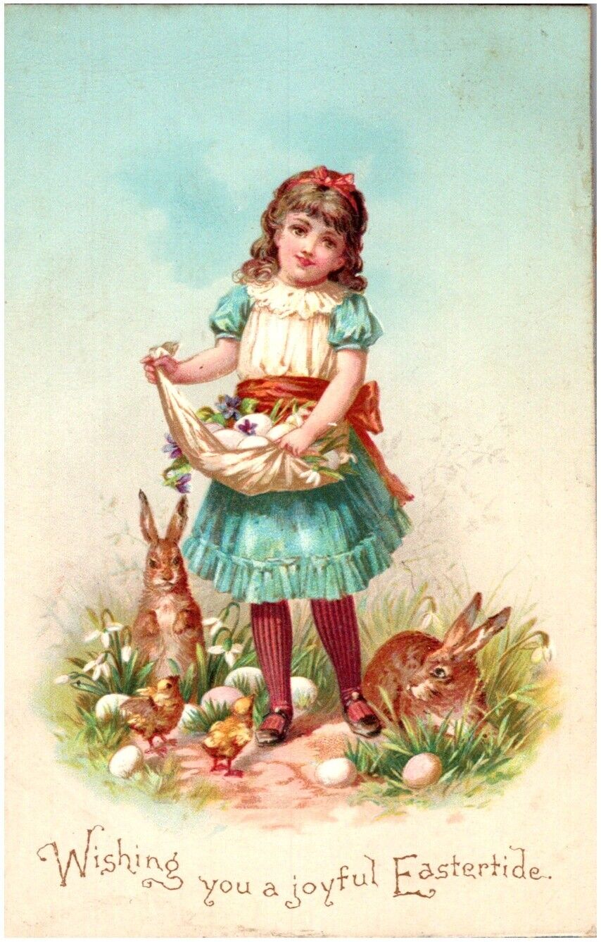 1880s Victorian Easter Greeting Card Joyful Eastertide Girl w/ Bunnies & Chicks