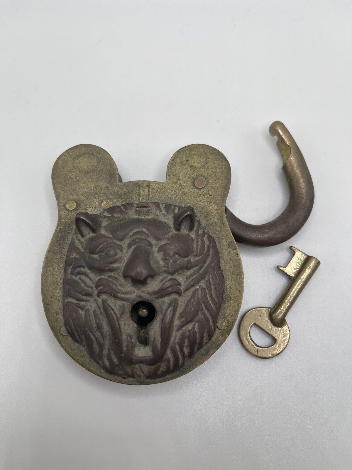 Antique Rare 1896 Brass Lion Face Lock with Key #11 Patented FEBY 18 1896