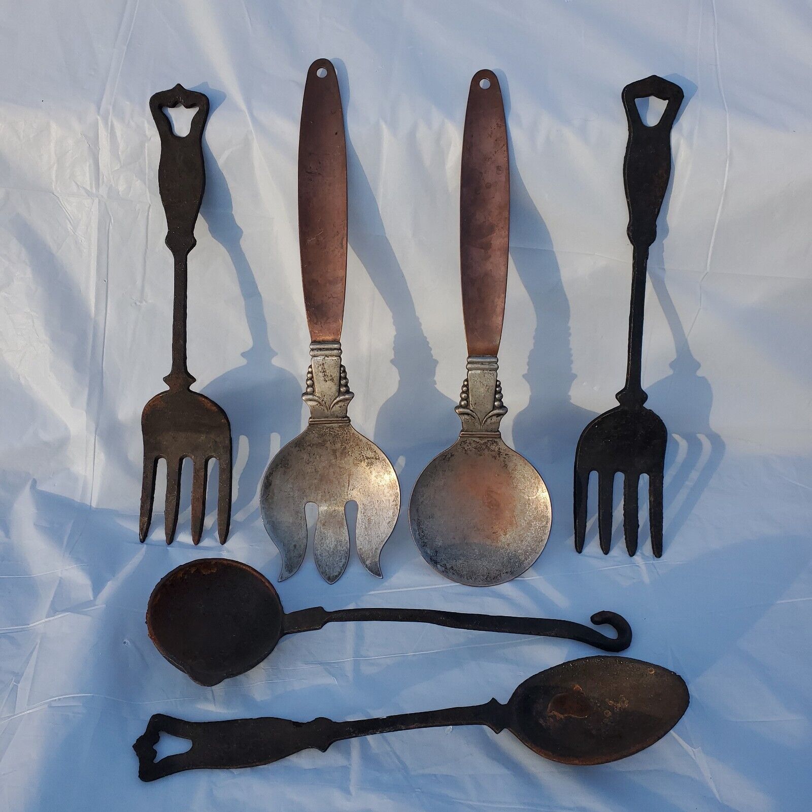 Lot Of 6 Large Vintage Cast Iron Utensil Fork Spoon Set + Metal Fork And Spoon