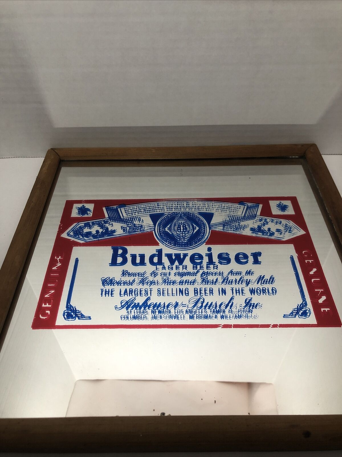 1970s Budweiser Glass Mirror Sign 12x12 Barware Brewerania