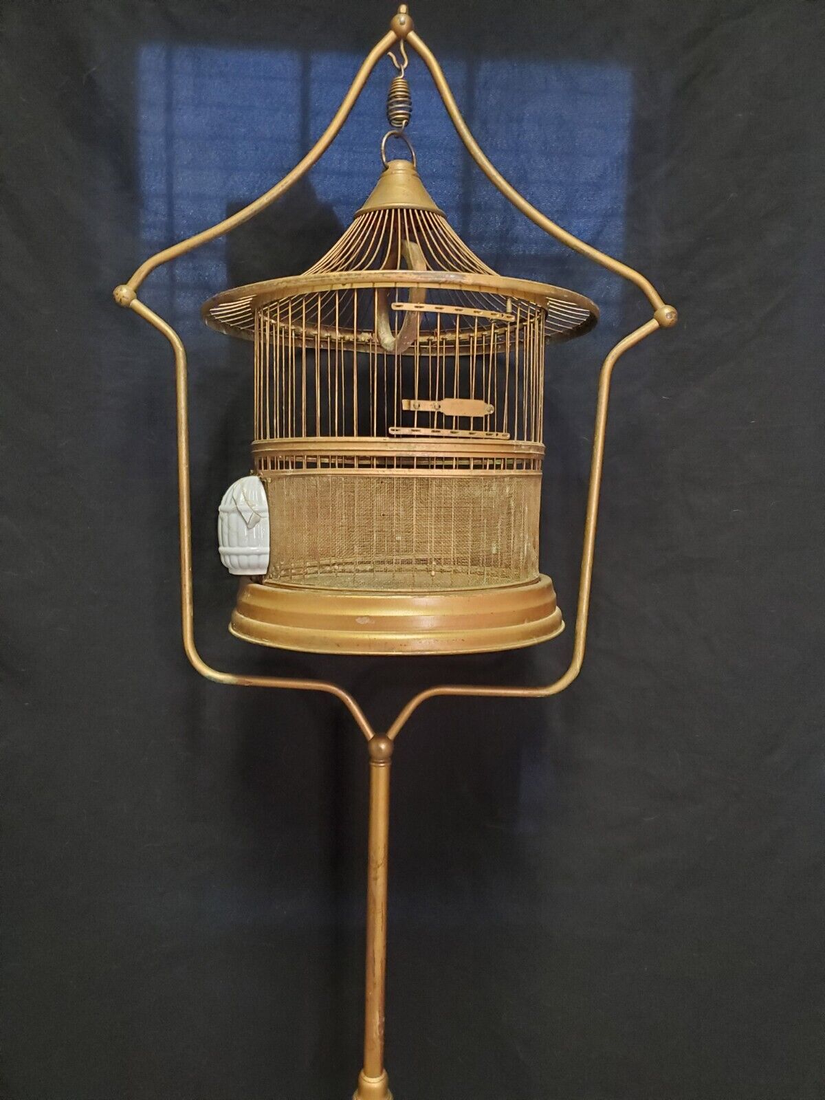 antique japanese bird Cage W/ 60 In Tall Stand To Match 