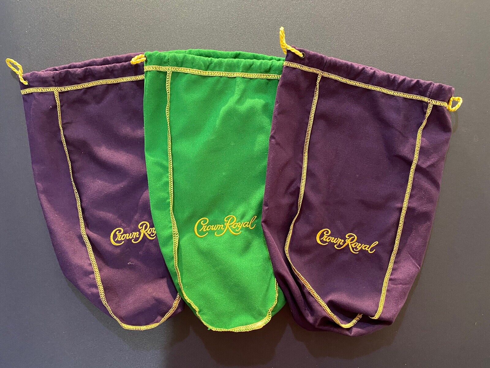 3 Crown Royal Bags - 13 inch by 9 inch Two Purple One Green Drawstring