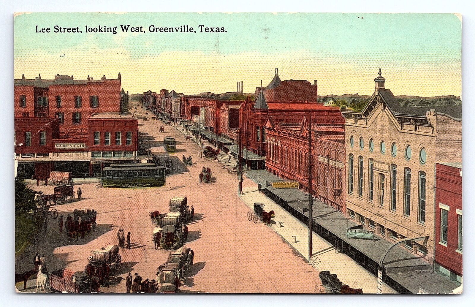 Postcard Lee Street Looking West Greenville Texas c.1913