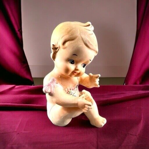 Vintage Inarco Kewpie Girl Piano Baby Figurine E-1644 Bone China Japan Pink Bows