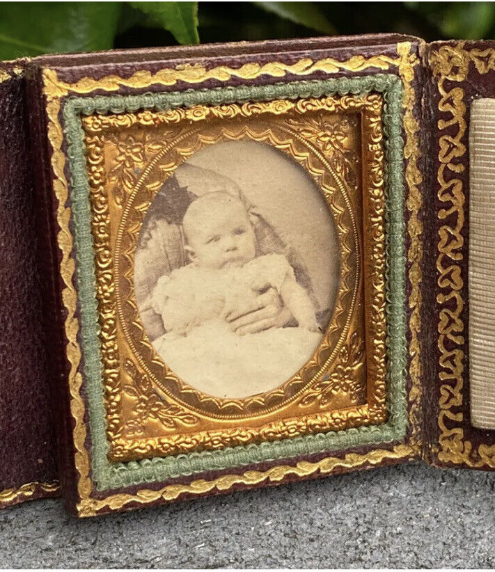 Antique Daguerreotype Infant Baby Photo Ornate Full Case Tri Fold Nannie Holding