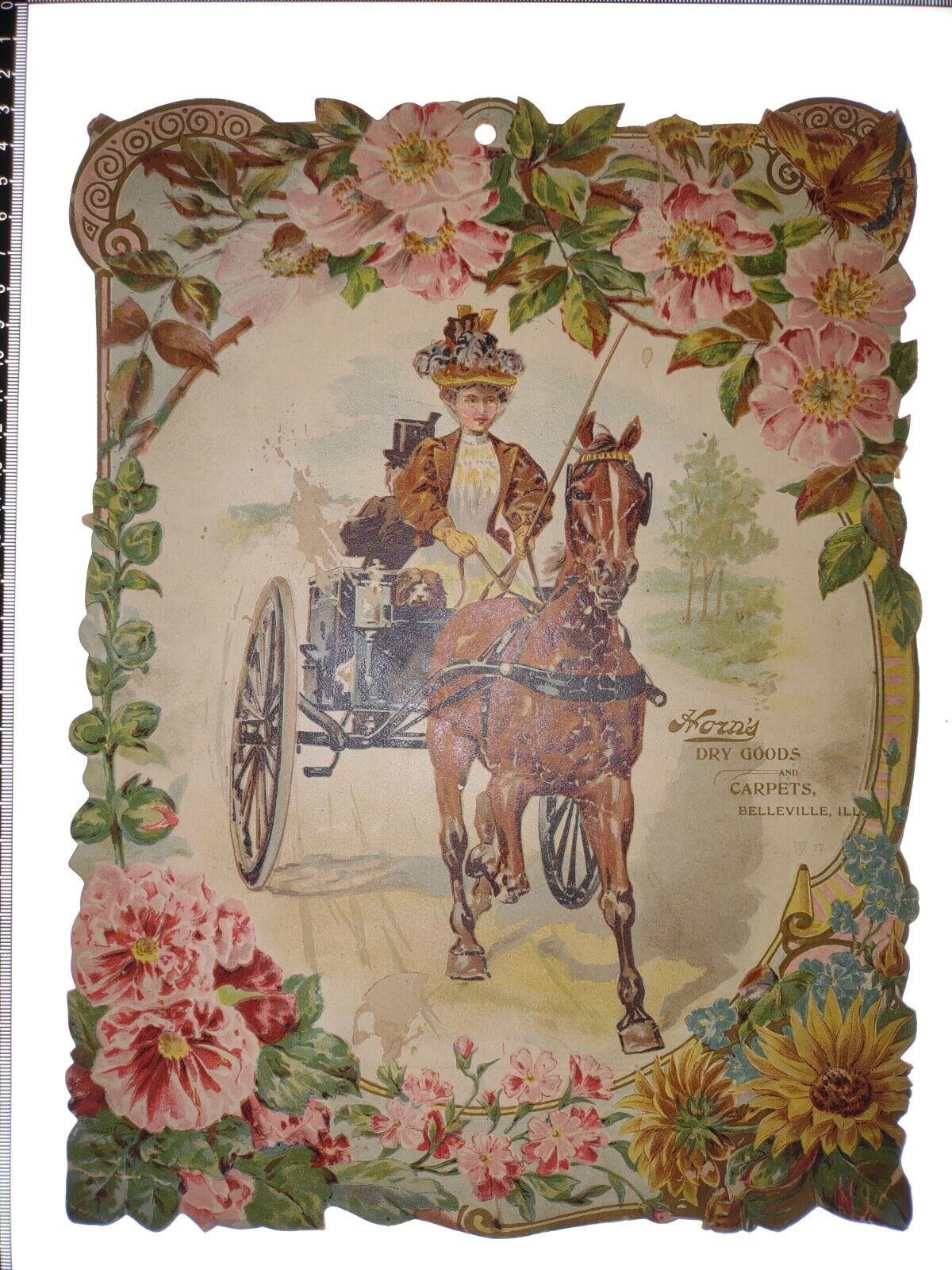 Vintage DIE CUT Advertising Card EMBOSSED Horse & Buggy Horns Belleville IL