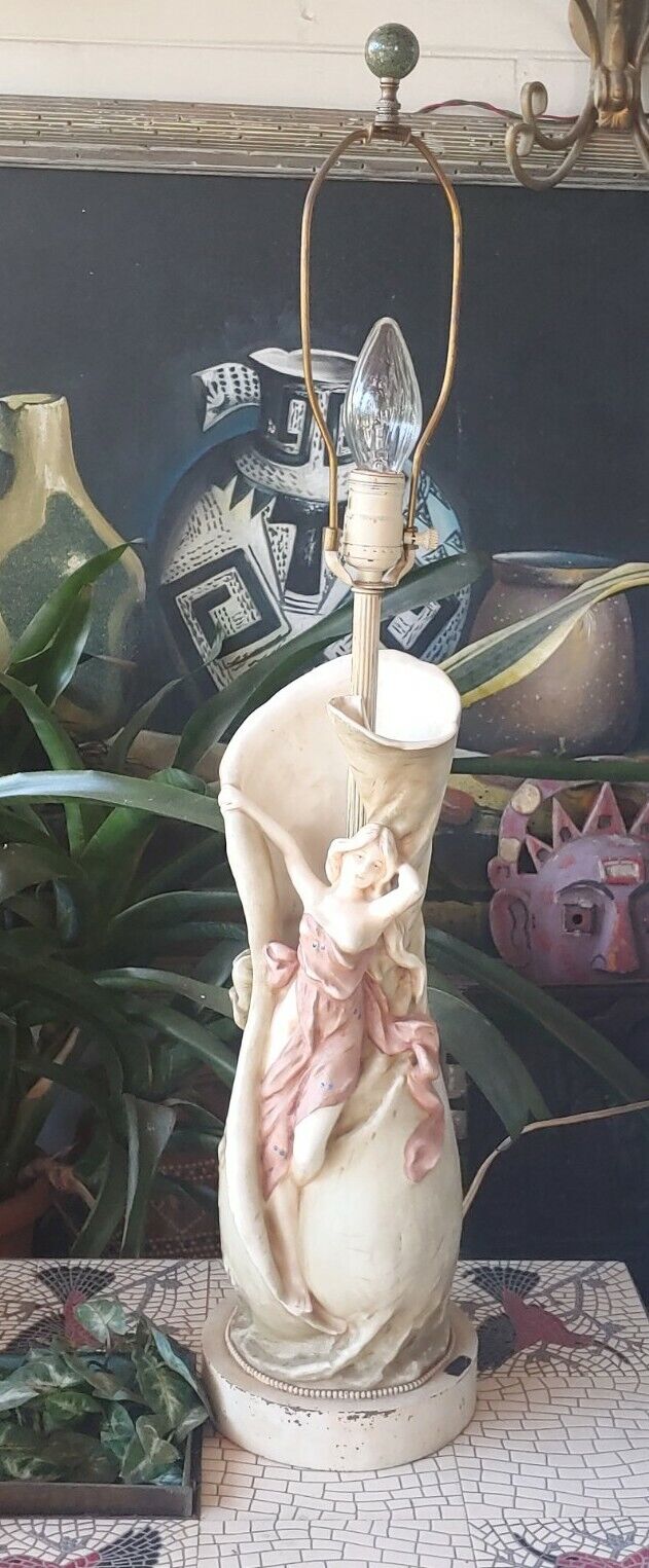 Rare Royal Dux  Art Nouveau Ceramic Pottery Lamp Figural farie Woman in Flower