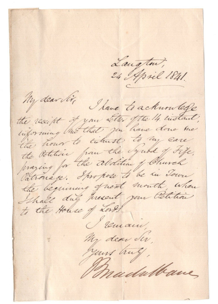 John Campbell , 2nd Marquess of Breadalbane Signed Letter 1841 / Autographed
