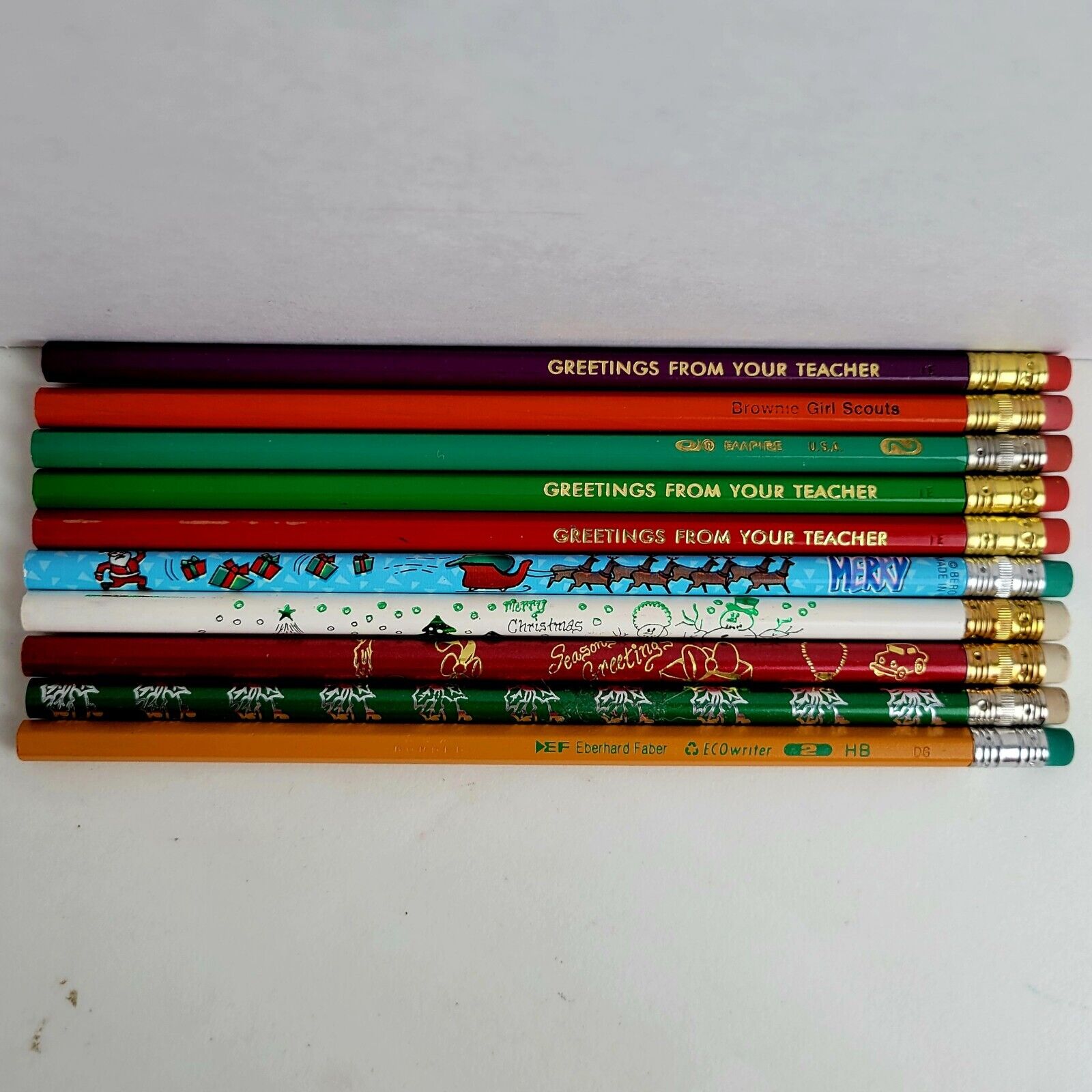 Vintage Lot of 10 NEW Unsharpened Pencils Teacher, Christmas, Brownie Girl Scout