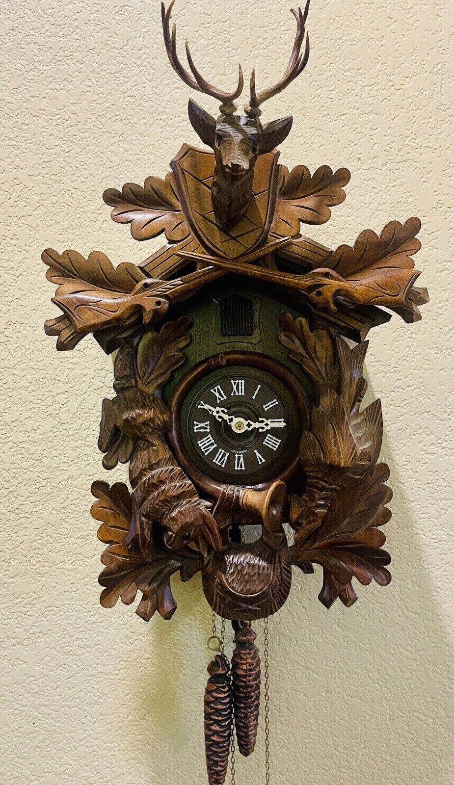 Vintage Cuckoo Clock Black Forest After the Hunt Deer Carved Germany READ VIDEO
