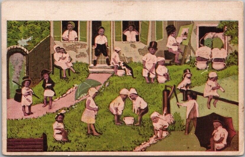 c1900s European Greetings Postcard Babies Playing in House Yard / Undivided Back