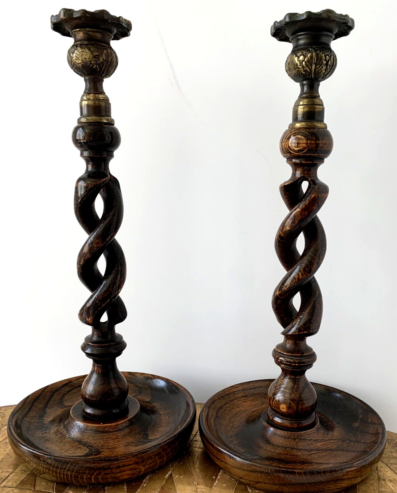 Pair Antique English Wood  Barley Twist Candlesticks 