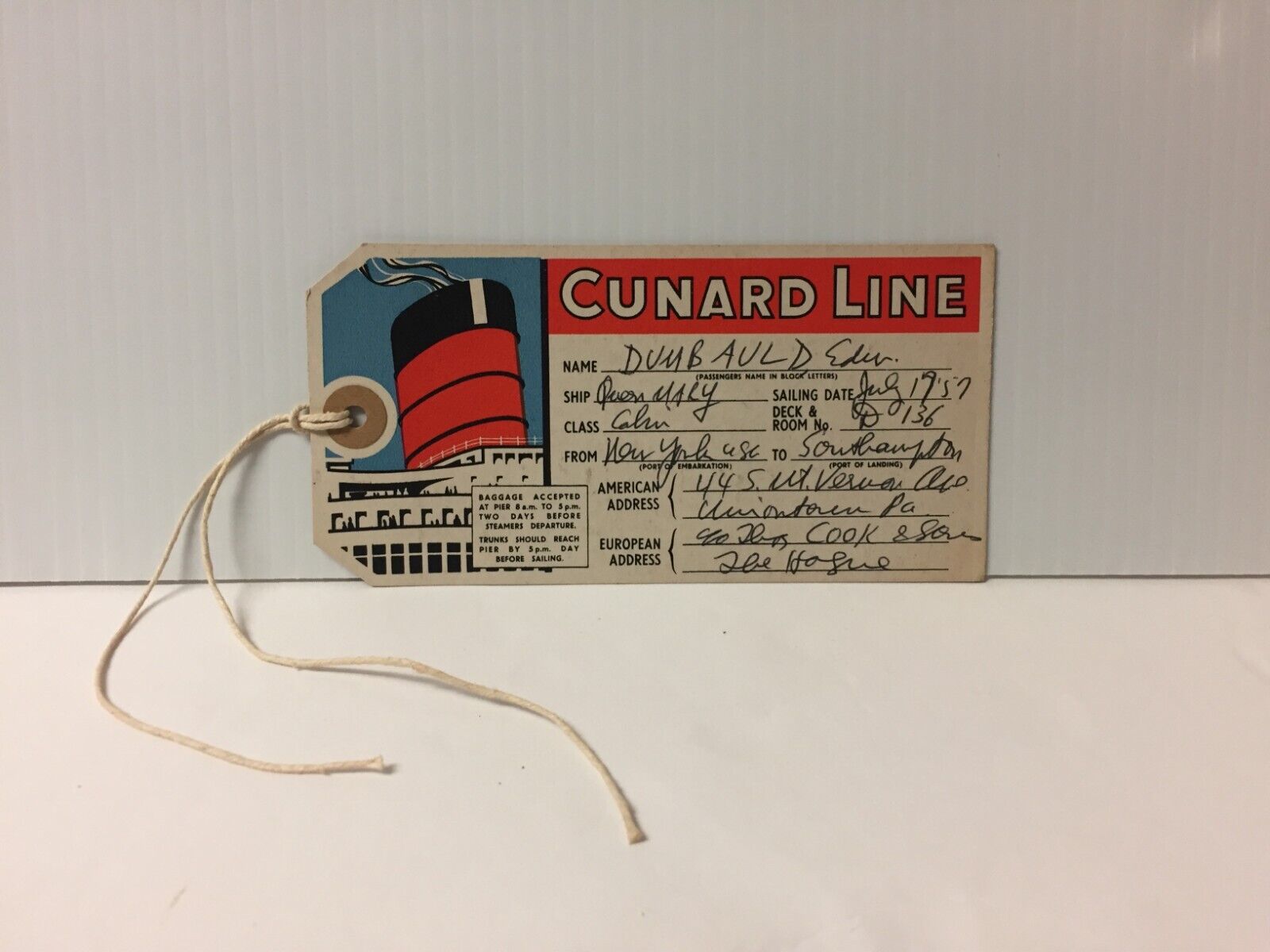 1957 Cunard Line Queen Mary Vintage Luggage Baggage Tag Cruise Steamer Ship